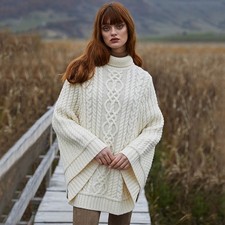 SAOL 100% Merino Wool Irish Poncho Cable Knit Winter Cape, Made in Ireland picture