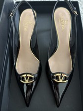 Valentino Garavani Vlogo Black Patent Leather Slingback Kitten Heel Size 38 picture