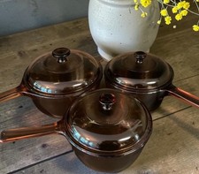 Visions Corningware Pyrex Amber Glass Cookware Pots Lids 6 Piece Set USA Vintage picture