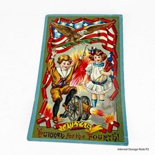 Antique July 4th Postcard Boy Girl Cannon Firecrackers American Flag Saxony picture