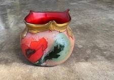 Antique French Art Nouveau Legras Indiana Poppy Pavots Glass Vase 5” Bowl picture