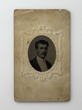 Antique 1800s Gem Tintype Photo Young Man Mustache Embossed Paper Mount picture