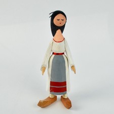 Handcrafted Wooden Folk Art Doll With Painted Dress & Black Hair picture