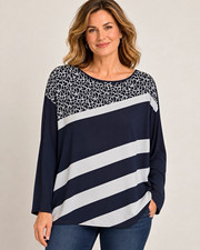 Chico’s Women’s L Navy White Striped Scoop Neck Long Sleeve Pullover Top picture