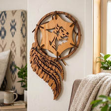 Handcrafted Wooden Buffalo Head in Ring Wall Decor Dreamcatcher Style Feather picture