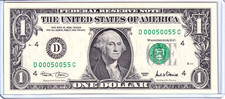 2001 $1 Federal Reserve Note Uncirculated Fancy 0/5 BINARY Serial #D00050055C picture