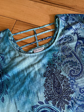 Women’s Catherines Plus Size Blue Paisley Rhinestone Scoop Neck Short Sleeve Top picture