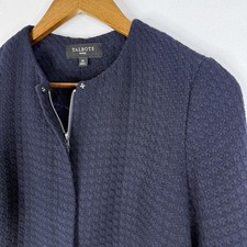 Talbots Textured Tweed Jacket 8P Navy Collarless Full Zip Lined Petites Career picture