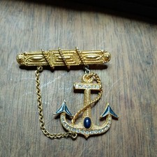 Vintage 1928 Co Nautical Blue Enamel Clear Rhinestones Gold Tone Dangle Brooch picture