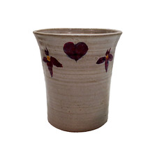 Vintage 1985 Art Pottery Beige Glazed Crock w/ Maroon Heart Flower Artist Signed picture