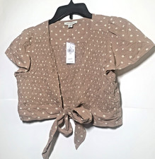 NEW American Eagle Ladies Large Tan Floral Short Sleeve Open Cropped Tie Shirt picture