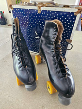 Riedell Black Leather Quad Roller Skates w/ Bones Wheels And Case VINTAGE picture