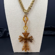 Vintage Celluloid Cross Pendant Necklace Gold Tone Chain 30
