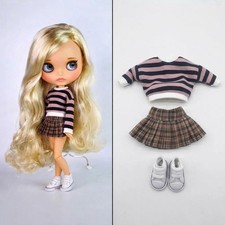 Outfit Fashion Set For 12'' Blythe Doll Striped Sweater Plaid Skirt Sneakers 1/6 picture