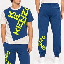 Kenzo Paris Mens T-Shirt and Joggers Set Navy Blue Neon Yellow Logo Streetwear picture