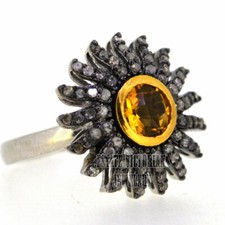 Stunning 1.48Ctw Rose Cut Diamond Citrine Silver Victorian Sunburst Ring Jewelry picture