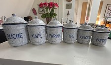 Vintage French Enamel Kitchen Canister Set of 6 picture
