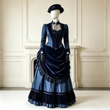 1880s Victorian Edwardian Long Tea Party Gown Bustle Navy Blue Velvet Dress picture