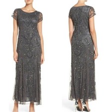 NWT Pisarro Nights Beaded Sequin Short Sleeve Mesh Column Gown Maxi Dress Grey 8 picture
