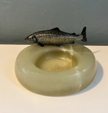 VINTAGE COLD PAINTED BRONZE SALMON & Onyx Pin / Trinket Dish C1920s picture