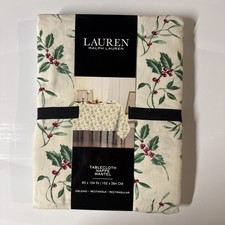 New Lauren Ralph Lauren Christmas Tablecloth 60” x 104” Holiday Holly Red Green picture
