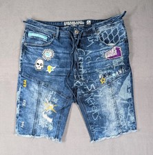 Dreamland Mens 36 Blue Graphic Denim Jorts Raw Hem Streetwear Skater Shorts Y2K picture