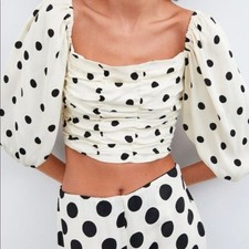 ZARA Black White Polka Dot Cropped Balloon Sleeve Blouse Top Ruched Sz L NWT picture