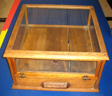 Antique Wood Oak Counter Top Display Case Glass Door/Sides & Drawer Beautiful picture