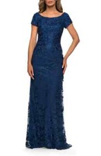 La Femme Navy Blue Shimmer Floral Embroidered  A-Line Gown Size 10 $575 picture