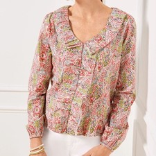 Talbots Pink PINTUCK RUFFLE TOP Large Petite PL BRANCHING FLORAL Ruffle Feminine picture