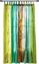 2 PCS Indian Vintage Green Sari Patchwork Drape Window Decor Silk Sari Curtain picture