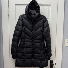 Athleta Goose Down Puffer Coat Women Medium Black Hooded Long Jacket picture