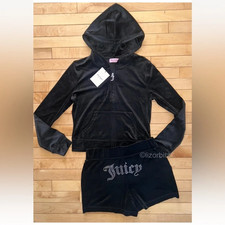 NEW NWT JUICY COUTURE Velour OG Bling Hoodie & Shorts Set Black Size S picture