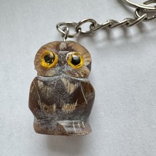 Vintage Hand Carved Cow Horn Owl Keychain Folk Art Bird Charm picture