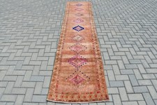 2,7x11,4 ft Runner Turkish Rug, Vintage Rug, Brown Blue Plants & trees Wool Rug picture