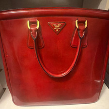 PRADA Red Solid Tote Bag Double Handles Logo Accent Gold Hardware Women picture