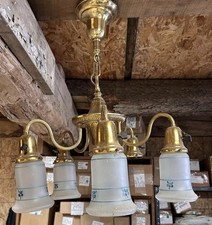 Antique Brass Pan Chandelier W/ Frosted Hand Painted Shades 1 Missing 1910s picture