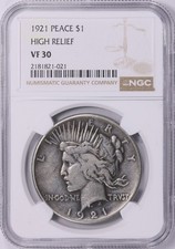 1921 High Relief Peace Dollar VF30 NGC - High Contrast 