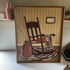 H. Huntington Primitive Folk Art Painting Rocking Chair & Cat 33”x27”  picture