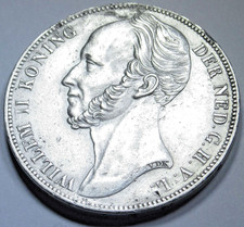 Netherlands 1843 Silver 1 Gulden Rare Key Date XF-AU Genuine Antique 1800's Coin picture