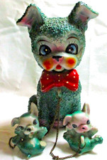 RARE GREEN VINTAGE JAPAN SUGAR GLAZE DOG & PUPPIES FIGURINE ANTHROPOMORPHIC 1950 picture