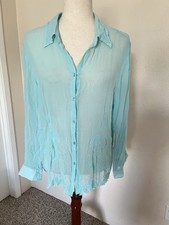 Vintage Ice Embroidered Blouse Outs 100% Silk Turquoise Lightweight Transparent picture