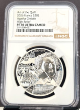 2026 FRANCE SILVER 20 EURO AGATHA CHRISTIE HIGH RELIEF NGC PF 70 ULTRA CAMEO picture