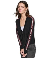Karl Lagerfeld Paris Logo-Tape Cardigan Women's XS Black Long Sleeve Zip Closure picture