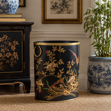 Hand Painted Chinoiserie Metal Waste Basket Bird Floral Black Gold Decor picture