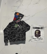 A Bathing Ape Men’s Full Zip Hoodie Medium Gray Camo Logo Hooded Long Sleeve picture