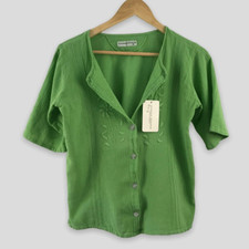 Juanita Banana Womens S Short Sleeve Cotton Button Up Green Embroidered Boho New picture