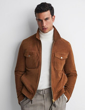 REISS Men's Pike Suede Trucker Jacket, Tobacco, Size M — NWOT picture