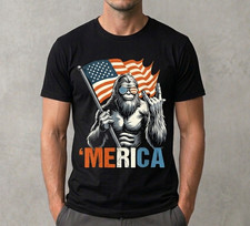 'Merica Bigfoot T-Shirt – Patriotic Rock On Sasquatch & Flag Graphic Tee  picture