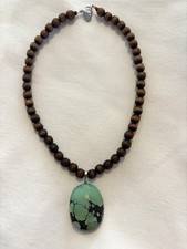 Suzanne Kalan Large Natural Turquoise Pendant and Wood Beaded Necklace 925Silver picture